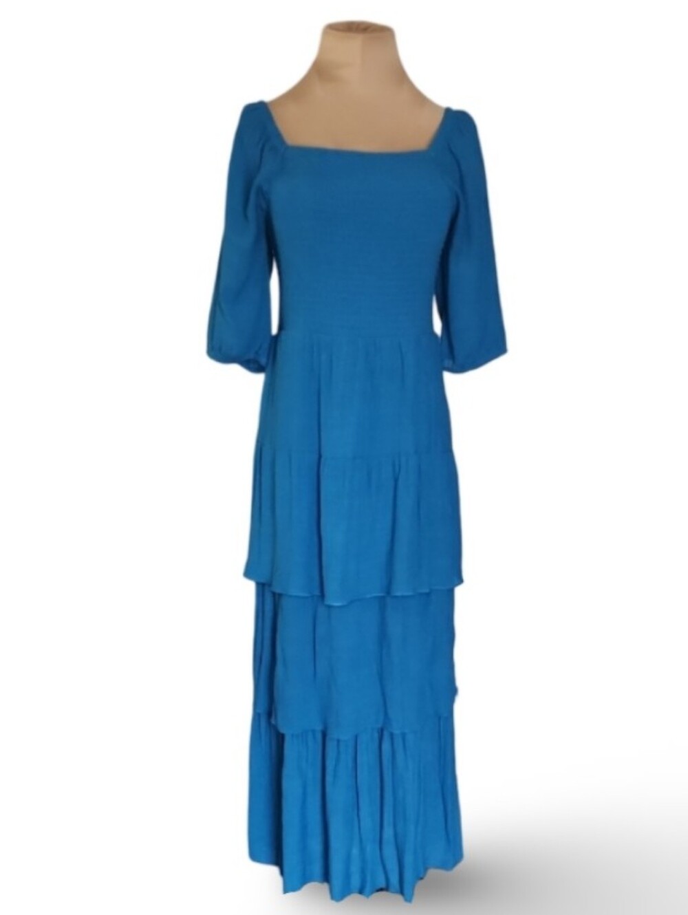 J GEE Blue Smocked Tiered Maxi Dress Cottagecore Prairie Medium